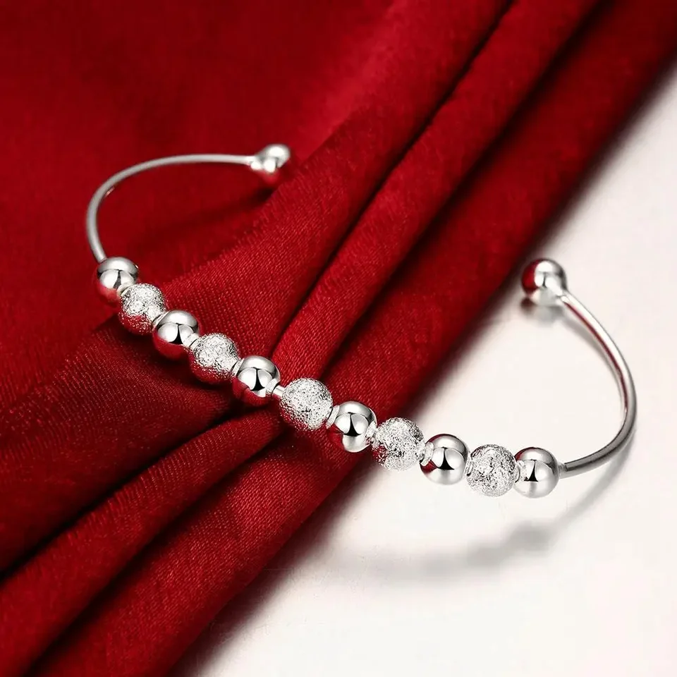 925 Sterling strieborné šperky Európsky štýl kúzlo korálky Open Bangle Bracelet for Women Svadobné ženské módne šperky
