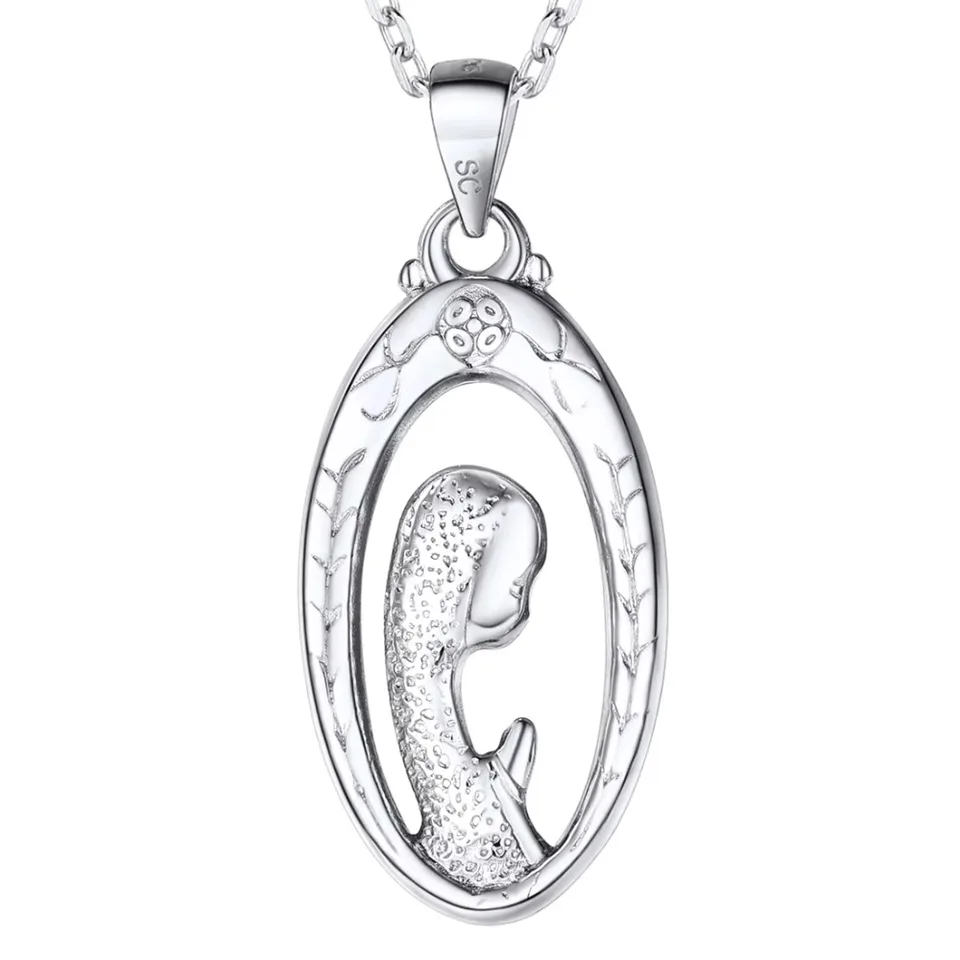 925 Sterling strieborný kvetinový vzor oválny prívesok 3D Panny MARY CULCLACE PRÍRUČKA s 20 -palcovým reťazcom ROLO QC24