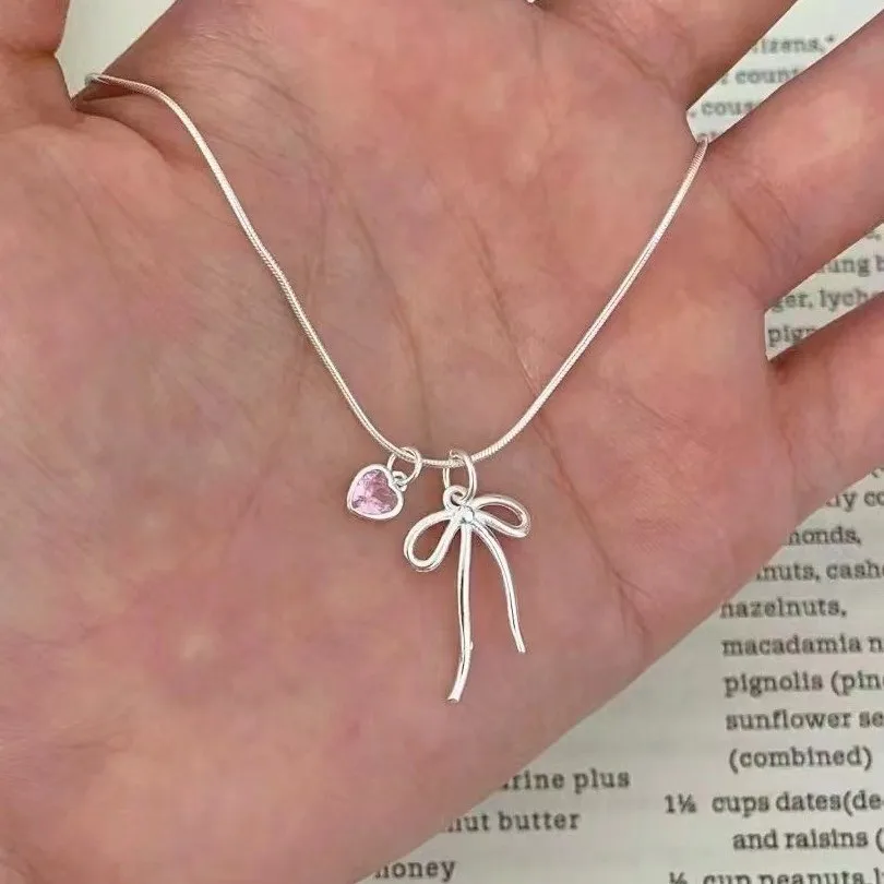 925 Sterling strieborný náhrdelník Elegantné jednoduché bowtie Ribbon ružové srdce Prívesok pre ženy Dievča