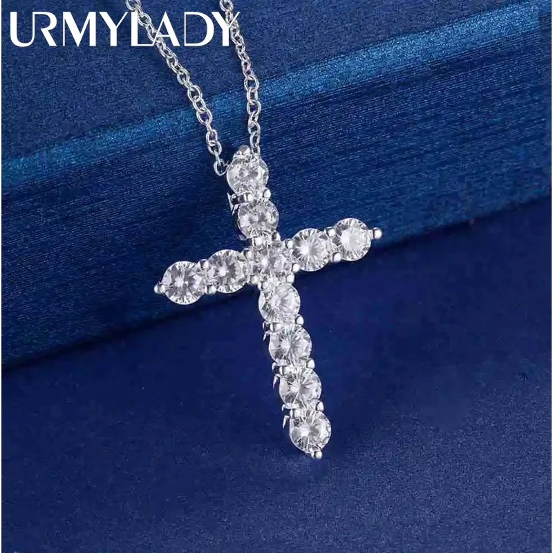 925 Sterling strieborný náhrdelník Šperky Ženy Svadobný módny kríž Cz Crystal zirkón Kameň prívesok roztomilý 45 cm