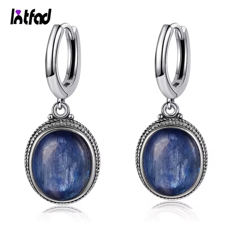 925 Sterling strieborný oválny prírodný kameň Kyanite labradorite obruče náušnice Vintage svadobná hostina vysoké šperky výročie darček