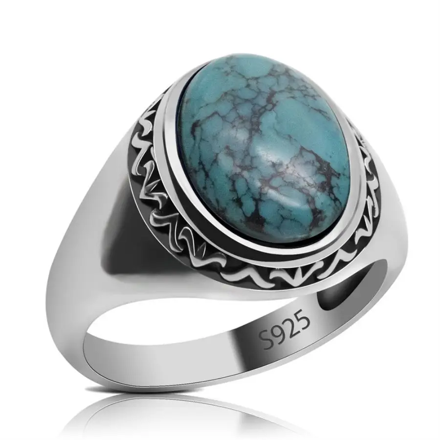 925 Sterling strieborný prsteň Mužský prírodný tyrkysový kameň vintage klasický jednoduchý 925 strieborné snubné ruky Rings Men