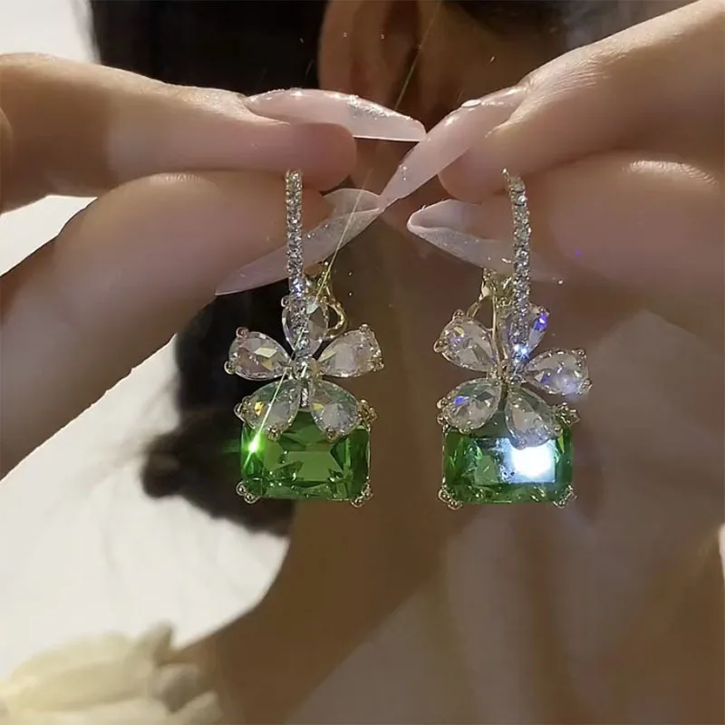 925 Strieborná ihla Vintage Zelený krištáľový kvetinový náušnice pre ženy šperky 2024 Trendy Luxusné zirkónové dámske náušnice