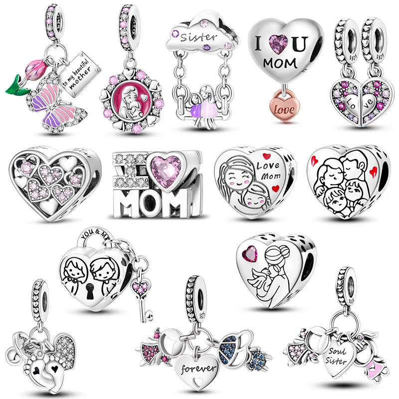 925 Strieborné kúzla Láska Matka Rodina sestry Srdce Srdce Fit Fit Original Bracelet DIY Žena Darček pre priateľky pre priateľa