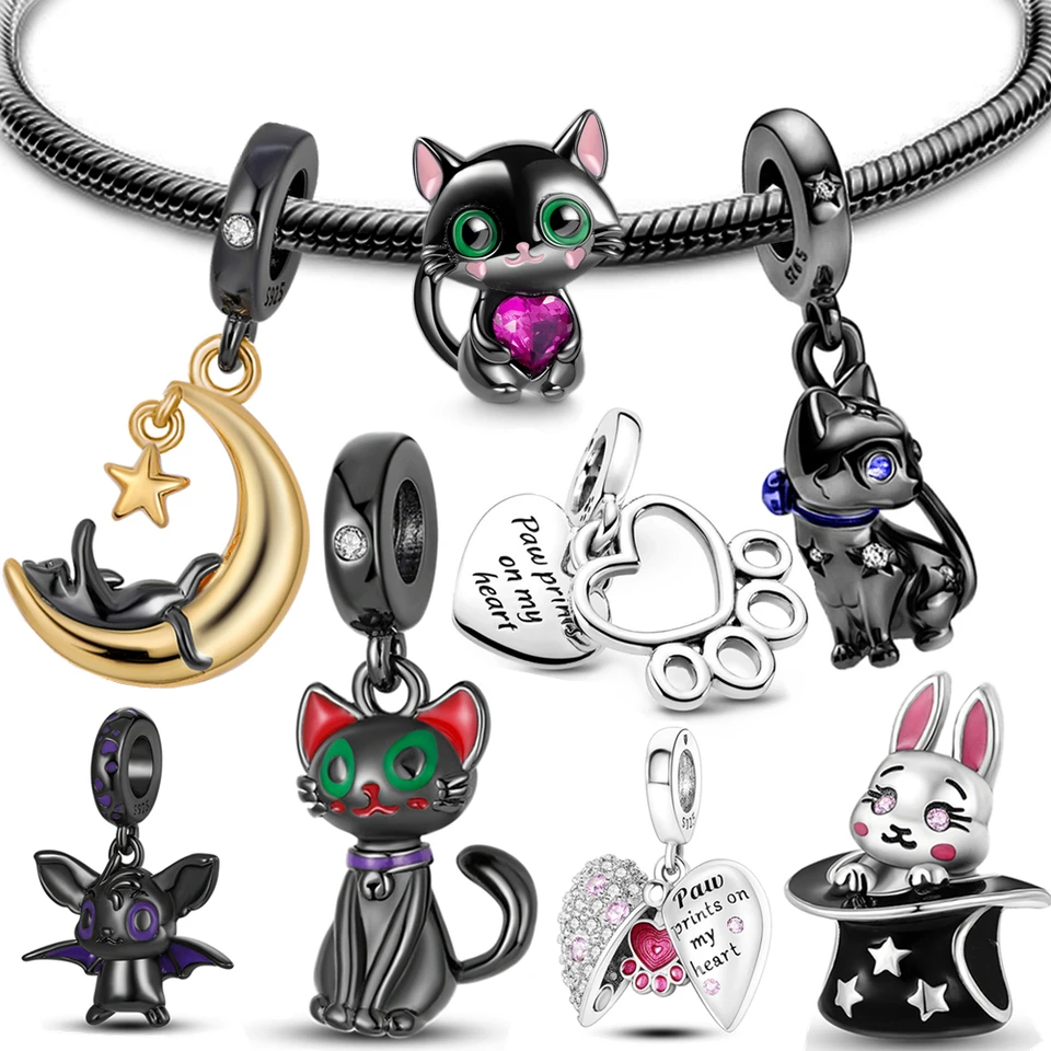 925 Strieborné čierne zvieratá Pet Cat Paw Print Dangle Charm Harms Fit náramok striebro 925 Originálne kúzla pre dámske šperky výroby