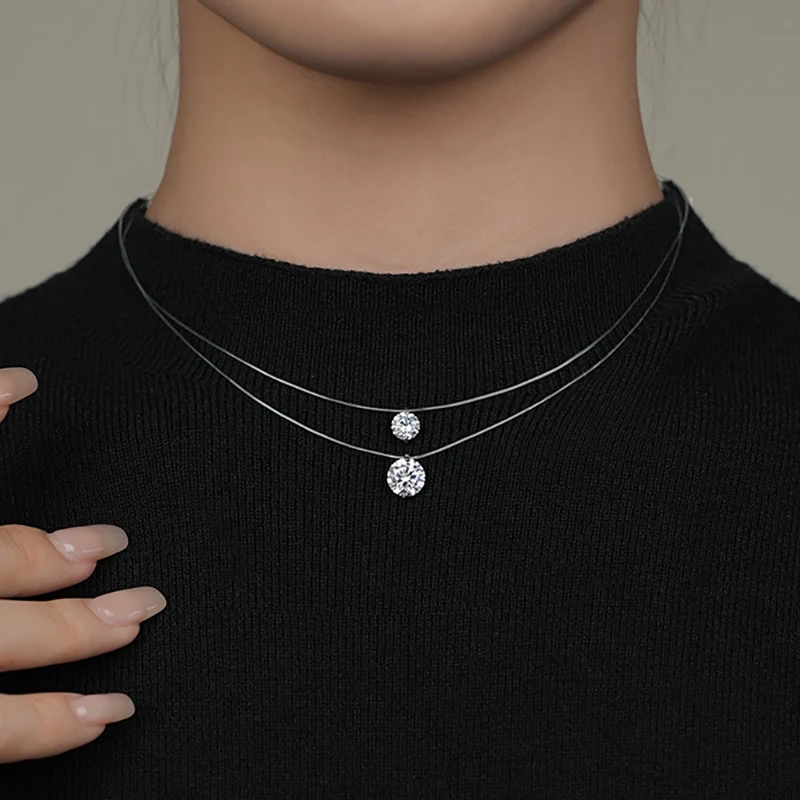 925 Striebro 8 mm 2ct Moissanitský prívesok Náhrdelník pre ženy Šperky nastaviteľné neviditeľné rybie reťazový obojok 1ct 0,5ct Diamond