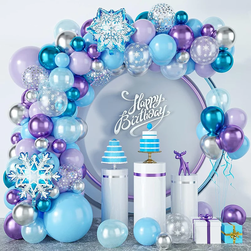 95ks Purple Blue Balloon Winter Garland Arch Kit so snehovými vločkami pre ríši divov Ice Ice Princezná Snow Magic Narodeninová oslava