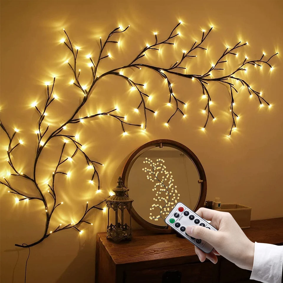 96/144 LED Willow Vine Tree Light Strip Strip 8 režimov DIY Tree Branch Light Light Light Diaľkové ovládanie rozprávkových svetiel pre stenu vianočné dekorácie
