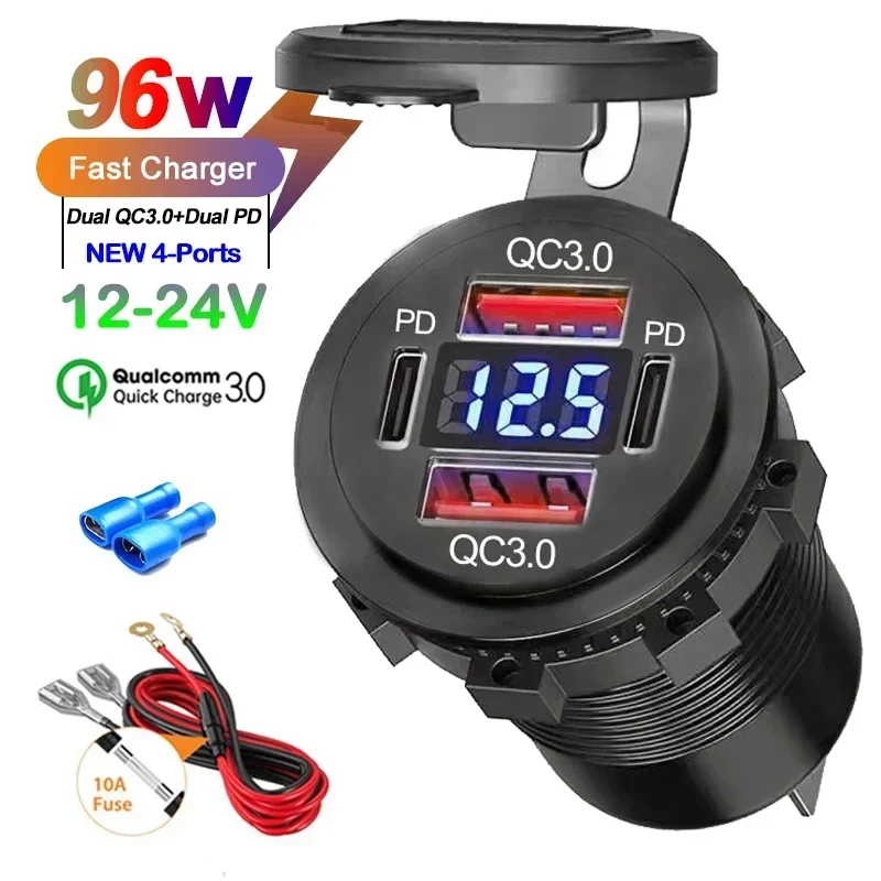 96 W Dual PD QC3.0 USB Car Motobike nabíjačka s voltmeterovým zásuvovým zásuvkovým adaptérom Adapter Waterproof pre 12 V/24 V automobilový nákladný automobil Moto