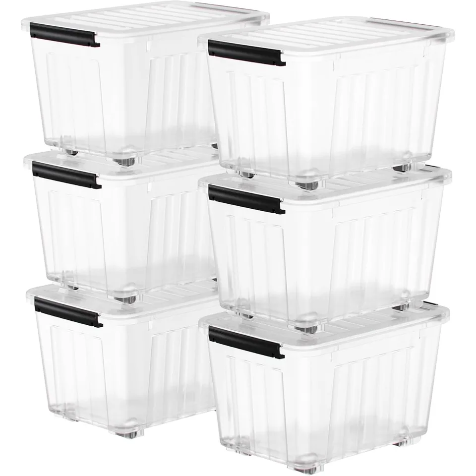 97Quart Plast Storage Rins, stohovateľné a hniezdne úložné skrinky s čistými viečkami a bezpečné pripevňovacie pracky, veľké úložisko