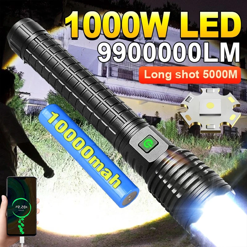 9900000lm Ultra výkonná baterka 1000 Watts LED Nabíjateľné svetlo Torch Light 5000 m High -Power LED baterky taktická lucerna
