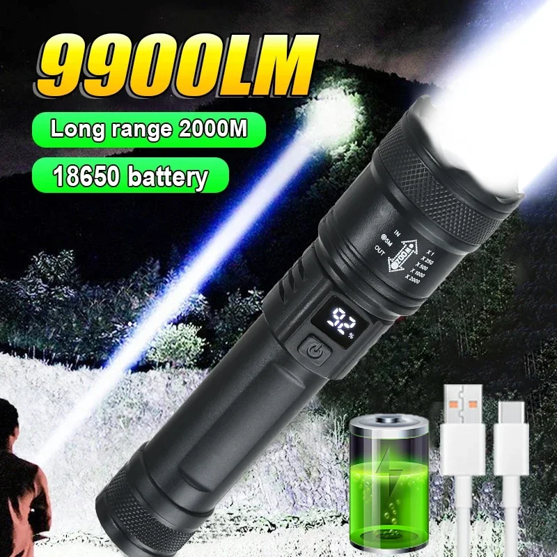 9900LM Výkonná LED batéria Displej batérie USB Nabíjateľná ľahká teleskopická priblíženie Torch Lamp