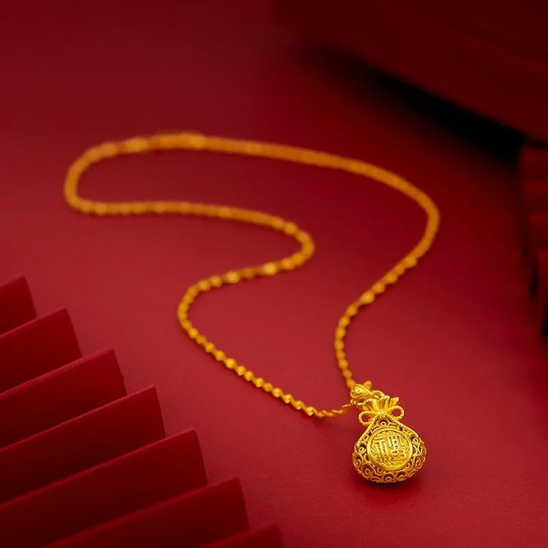 9999 Real Gold 24k Žlté zlaté vlákno Dutiny vrecka Prívesok Náhrdelník Vintage duté peniaze