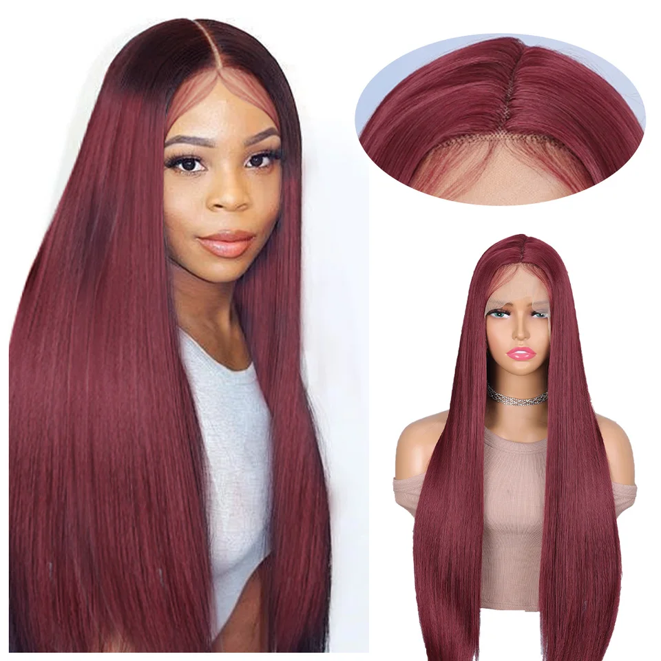 99J Burgundska červená sfarbená syntetická HD čipka predná časť parochňa pre čierne ženy kosti rovná vopred preplňovaná vlasová vlasová vlasová hair cosplay