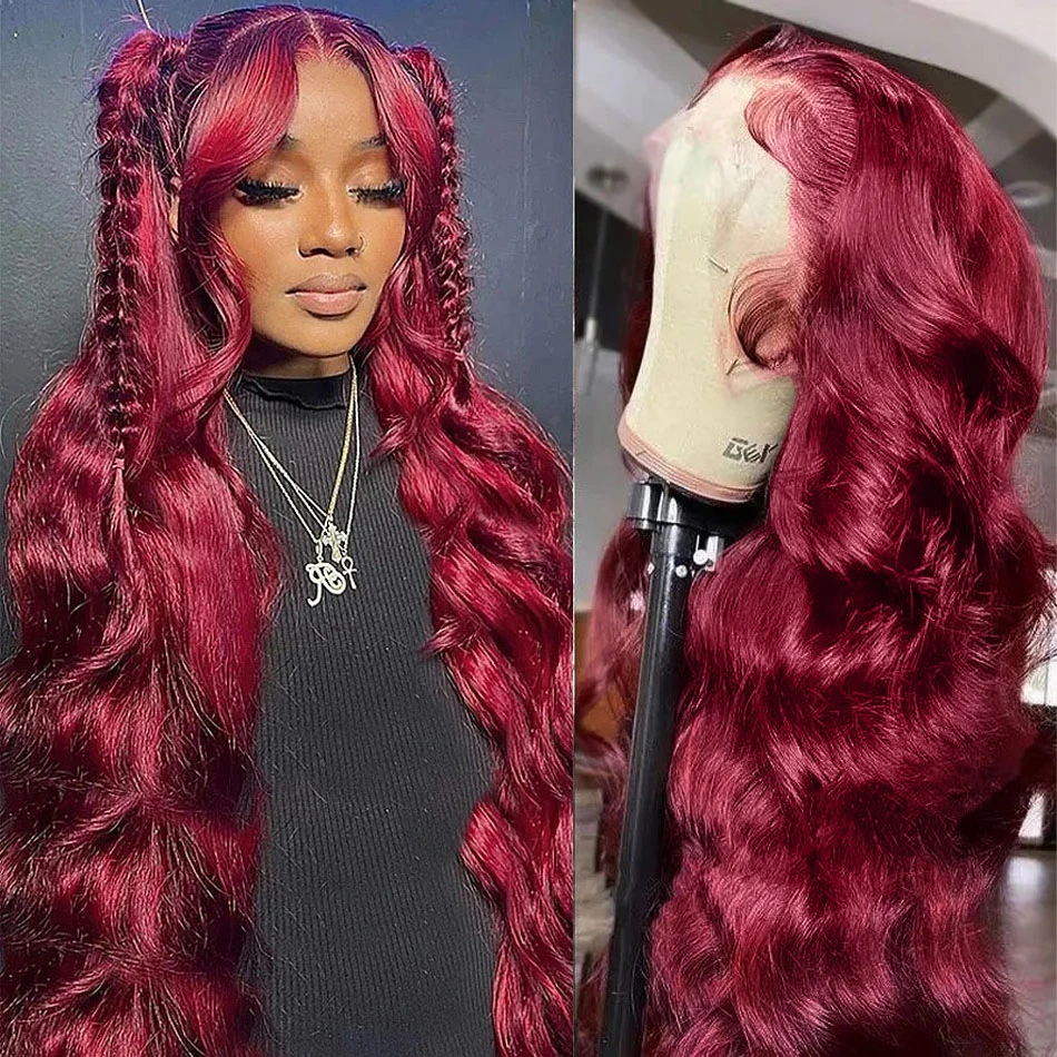 99J Burgundsko Lace Front Human Huan Hair Wave Wave Wave Wave červené parochne Brazílske čipky 13x4 Čierne parochne na predaji pre ženy