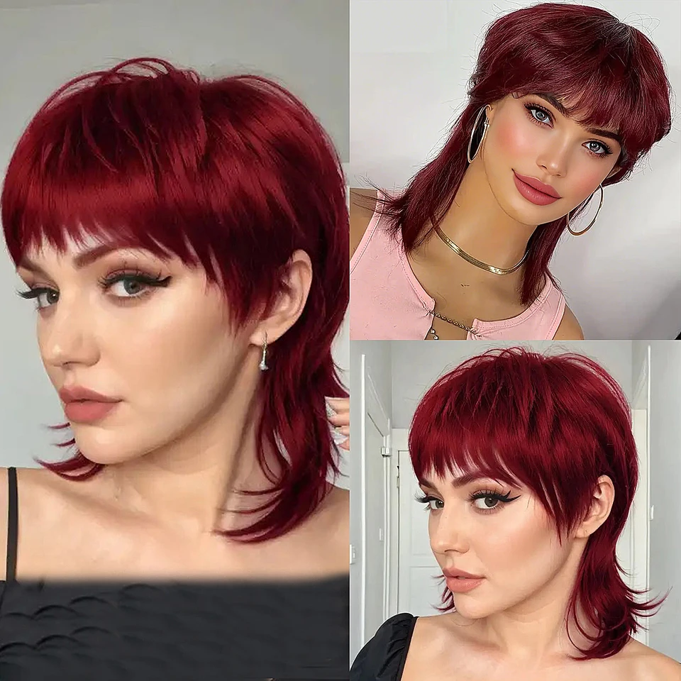 99J Burgundsko Mullet Pixie Cut Brazílske ľudské vlasové parochne s treskami shaggy vrstvené rovné parochne ľudské vlasy plné stroj