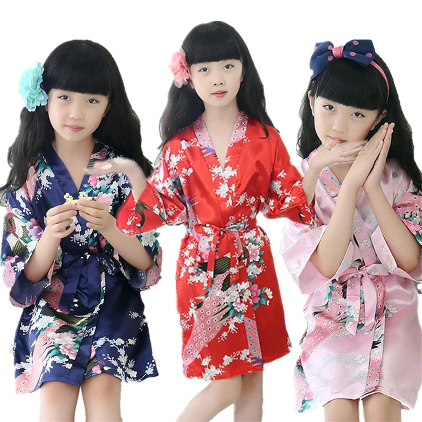 9Color Tradičné japonské oblečenie kimono pre dievčatá Svadobné družičky páv pyžamy deti hodvábne ázijské spánkové oblečenie
