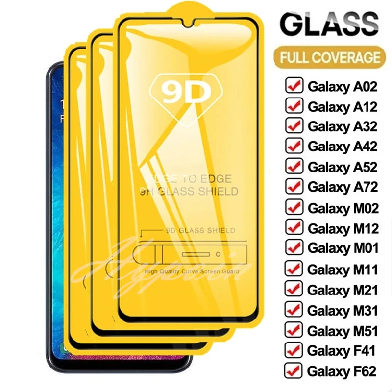 9d 3ks Plné sklo Temperované sklo pre Samsung Galaxy A51 A52 A71 A72 A31 A32 A42 A50 A50 A70 Chrániče obrazovky pre F41 F62 M51 M31S