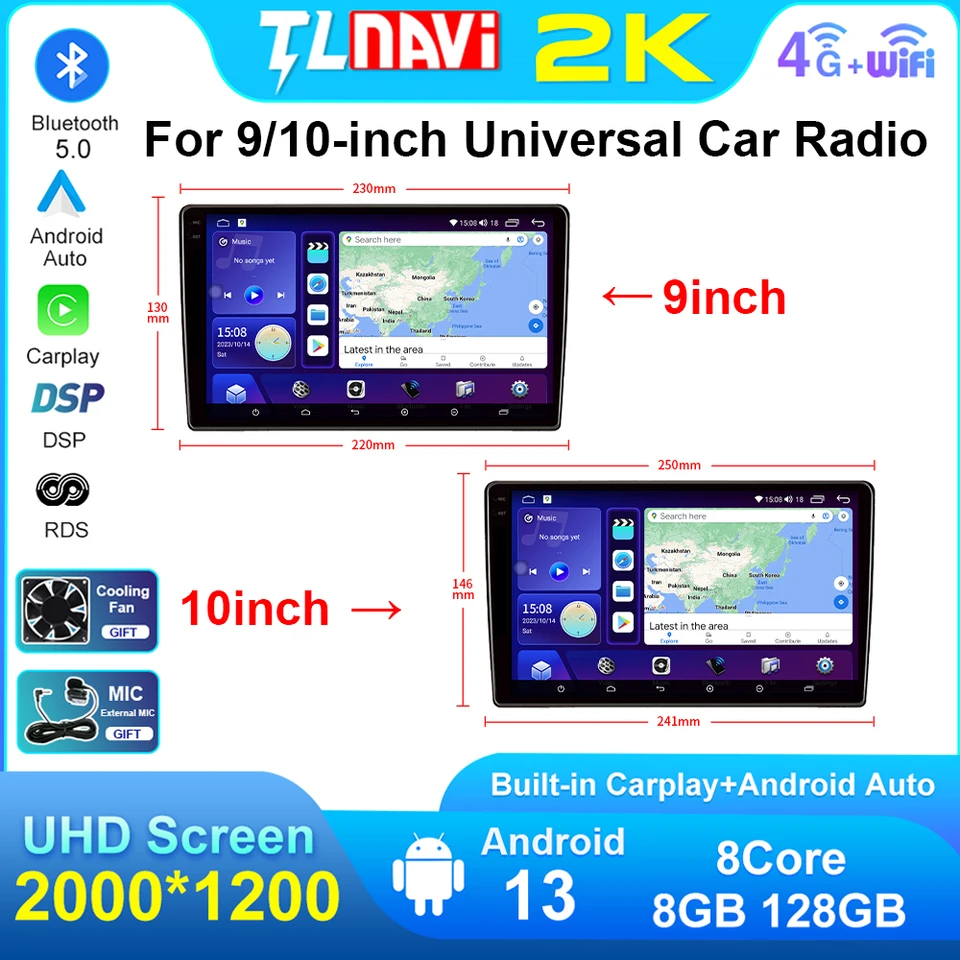 9inch 10 -palcový Universal Android Auto Head Unit Car Radio Wireless CarPlay GPS BT Central Multimedia Smart Car Systems