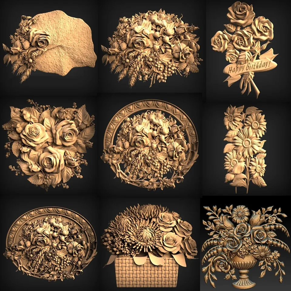 9ks dekor kvetina 3D STL model pre CNC smerovač 3D tlačiareň kvet 3D modelu reliéf STL formát Artcam aspire cut3d vcarve