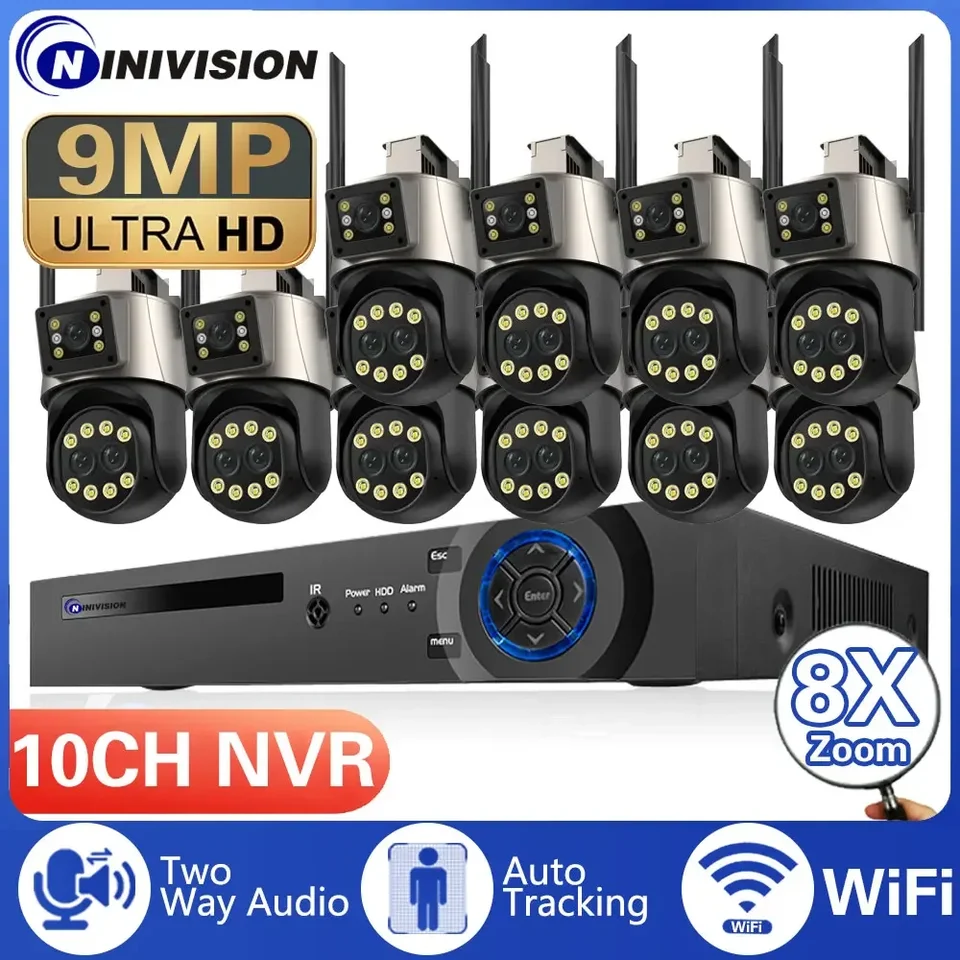 9MP 5K tri šošovky s dvoma obrazovkami 10ch 4K NVR ICSEE WIFI PTZ Ovládanie bezdrôtovej video sledovacej súpravy zabezpečenia 8x digitálny zoom