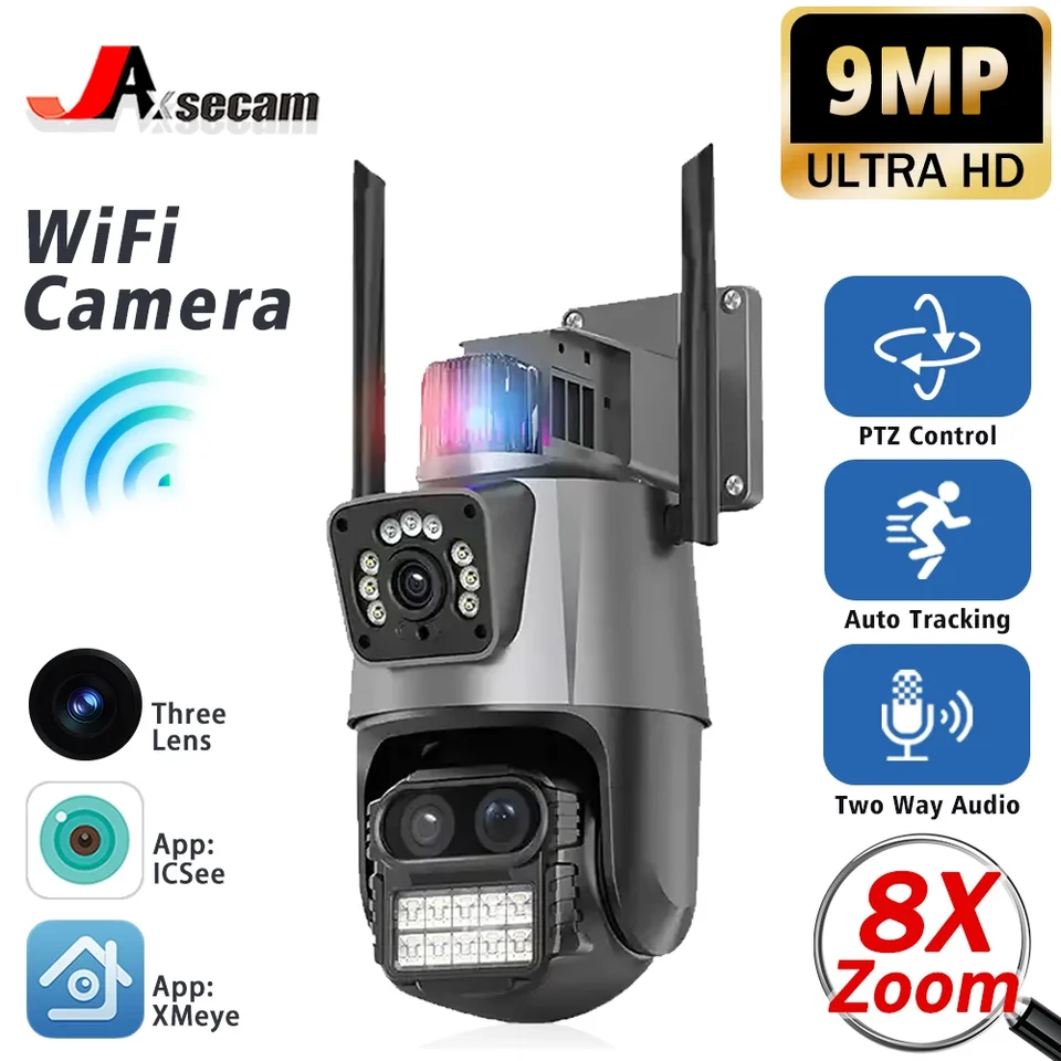 9MP tri šošovky 8x PTZ Zoom Outdoor Security Light Alarm 6K Video sledovanie WiFi IP PTZ CCTV Network ICSEE PTZ Ovládanie fotoaparátu PTZ