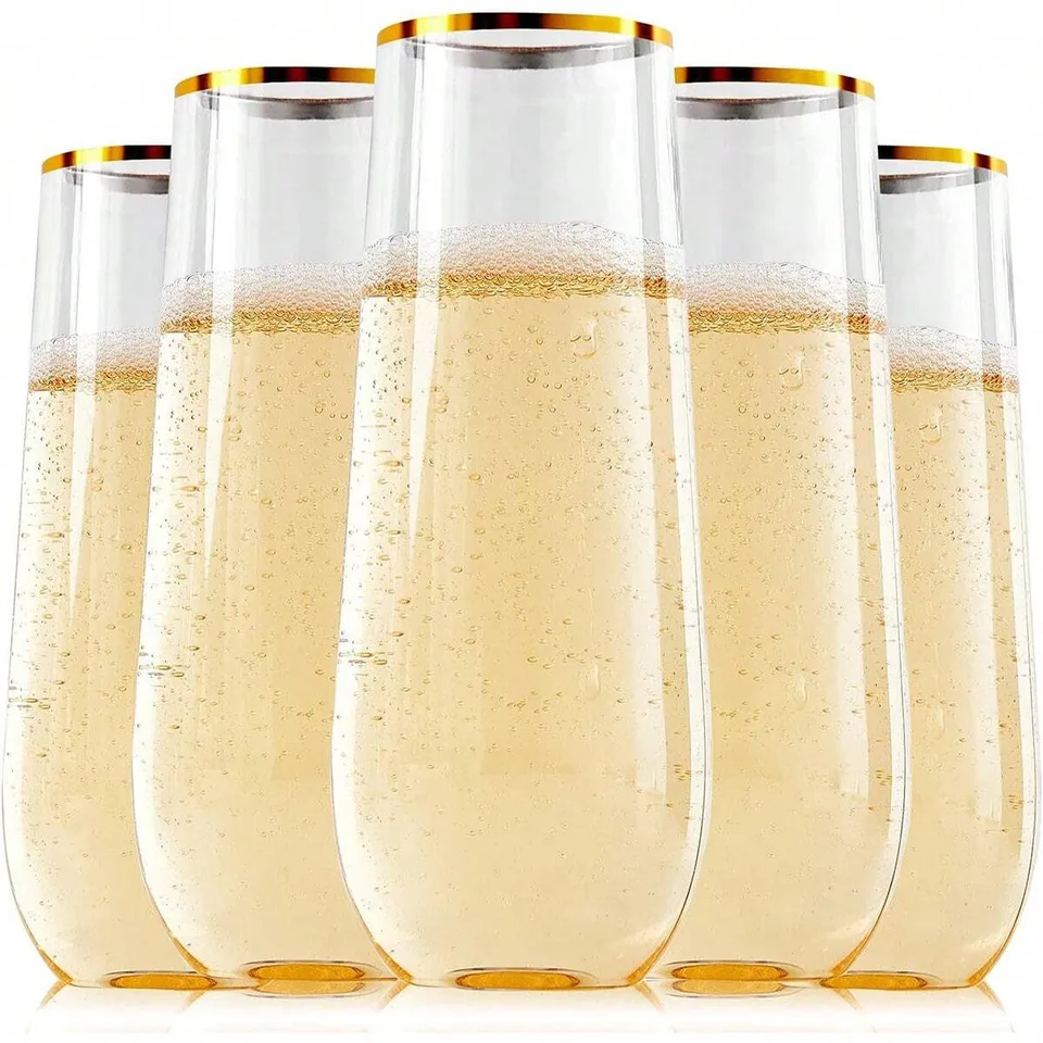 9oz plastové šampanské flauty bez plastových plastových okuliarov šampanského zlata, plastický rozbitý plastový rozbitý perfektný pre každú večierok