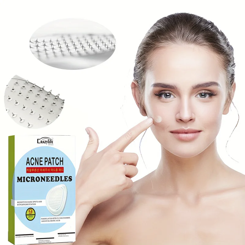 9pc/box Microneedle Rozpustná kyselina hyalurónová neviditeľný korektor tváre a čierne póry čistiace akné hydrogélové mikrokryštály