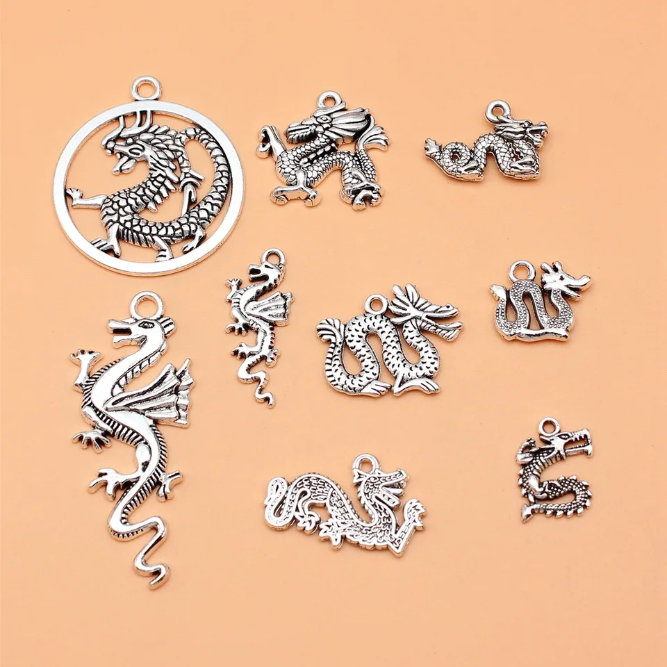 9pcs Antique Strieborná farba lietajúce draky Zbierka Dragon Charms pre výrobu šperkov pre domácich majstrov, 9 štýlov, 1 z každého z nich