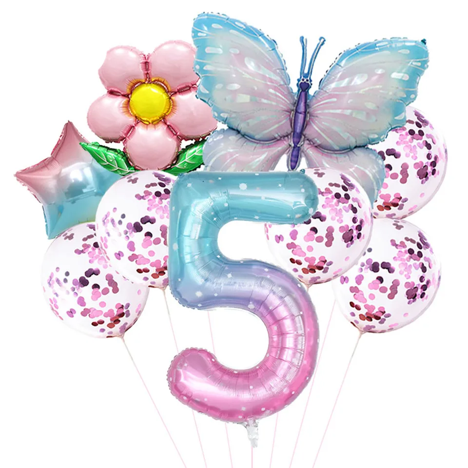 9pcs Butterfly Number Balóny sada 5. narodeniny dekor pre dievčatá tematické motýľ k narodeninovej oslave svadobné bábätko dekorácie dekorácie