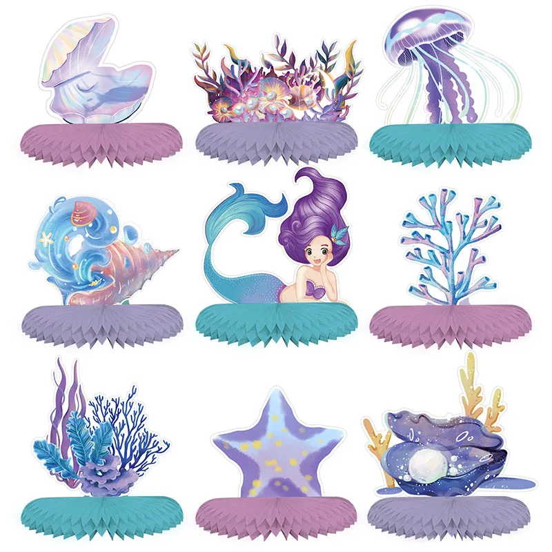 9pcs morská panna voštinové vrcholy stolové dekorácie Ocean pod morom, tematické narodeninové oslavy Dodávky bábätko pre dieťa dievča