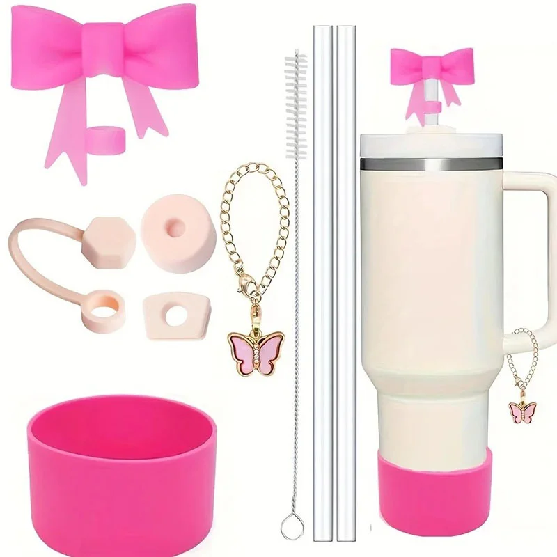 9pcs príslušenstvo sada 3 zátka na rozliatie 1 Slaw Cover 1 Silikone Boot 2 Straw1 Brush 1 kefový reťazec pre motýľ pre Stanley Cup