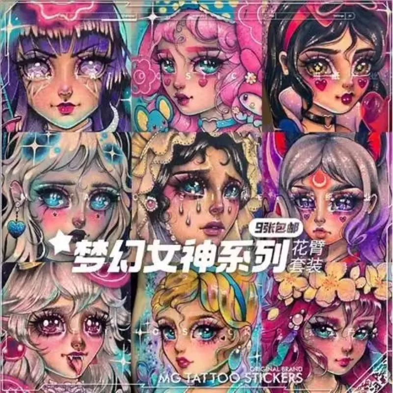 9pcs Set Cartoon Tattoo Stickers Romantické falošné tetovanie nepremokavé anime dočasné tetovanie pre ženy muža ruka trvalé tetovanie