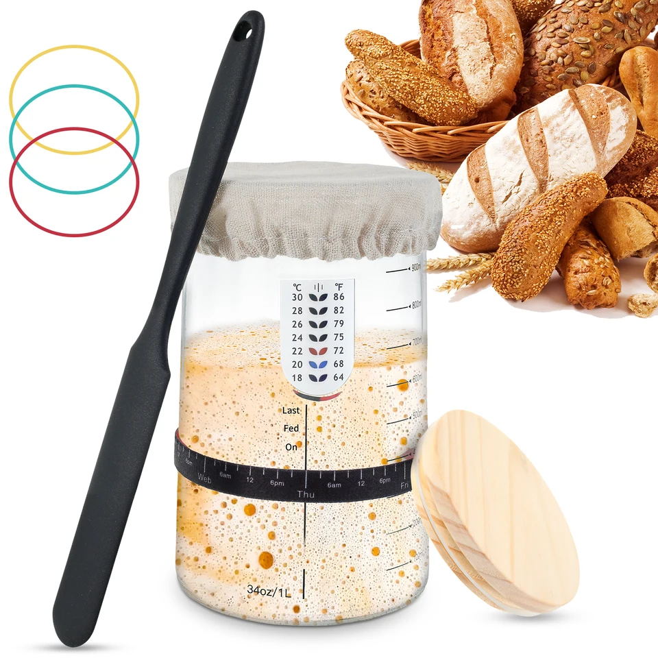 9pcs Sourdough Starter Jar Kit s stupnicou 34oz/1L veľkej kapacity, kyslá kontajnerová nádoba s drevenou špachtľou, opakovane použiteľná