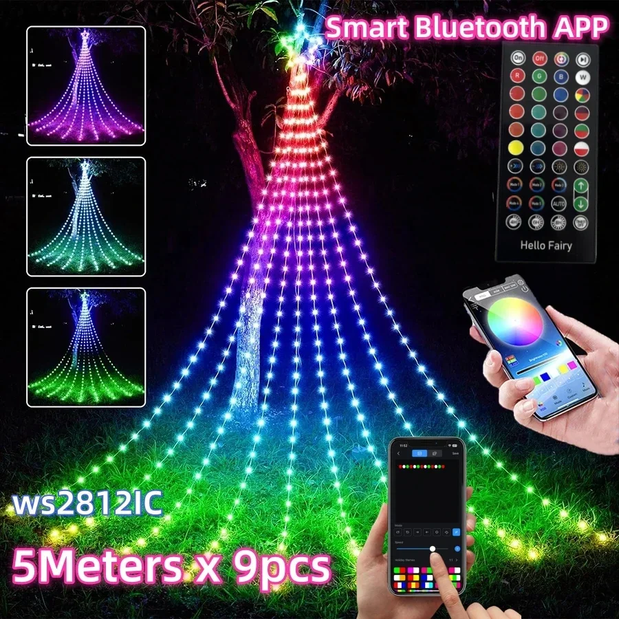 9pcs x 5m LED vodopád vianočný stromček Svetlo svetlo RGBIC DIY inteligentná aplikácia Control Star Topper Outdoor Waterfall Fairy Light String