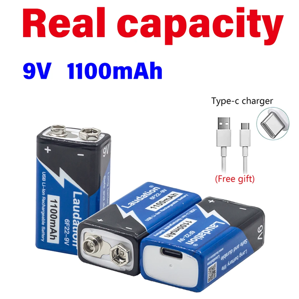 9V batéria 1100 mAh li-ion Nabíjateľná batéria typu C Type-C 9V USB lítium pre multimetrovú mikrofónovú hračku +USB nabíjací kábel