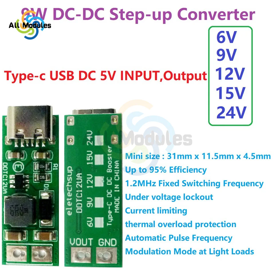 9W Mini typu C USB DC 5V až 6V 9V 12V 15V 24V DC DC Boost Boost Postupný prevodník PWM PFM Modul regulátora napätia PFM