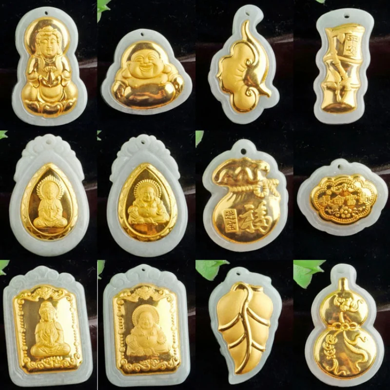 A-úroveň malej veľkosti guanyin Buddha prívesok zlato vykladané jade