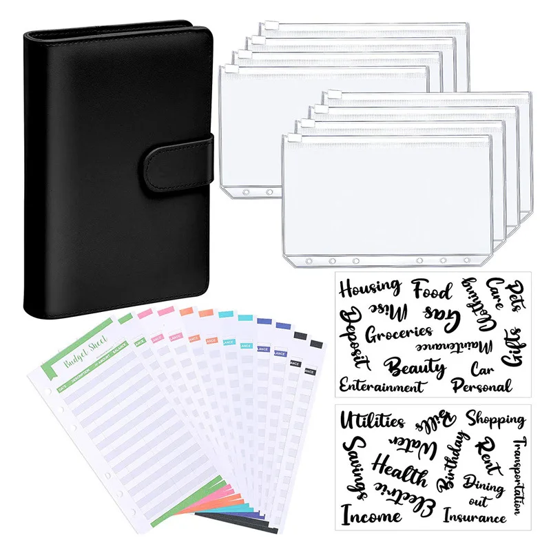 A6 PU Leather Notebook Binder Planner Organizátor 6 kruhový kryt spojiva 8 vreciek na spojivo a 12 kusov výdavky na rozpočtové listy