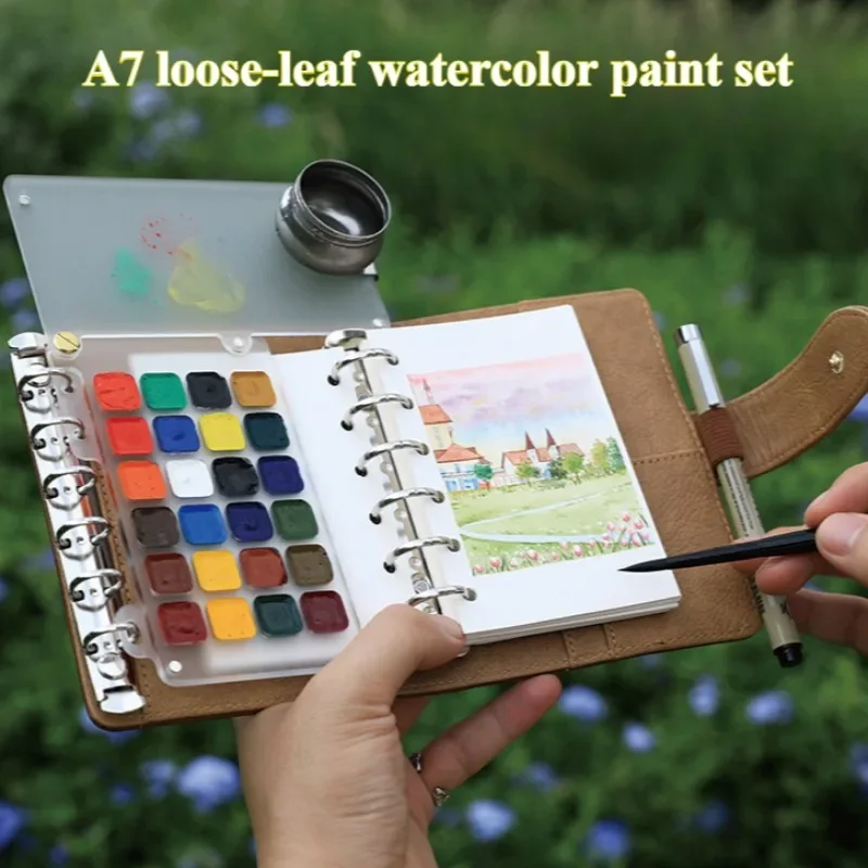 A7 Loose-Lef Watercolor Pigment Imitácia Cowhide Cestovná kniha Sada Prenosná kresba Palete Multifunkčné umelecké zásoby