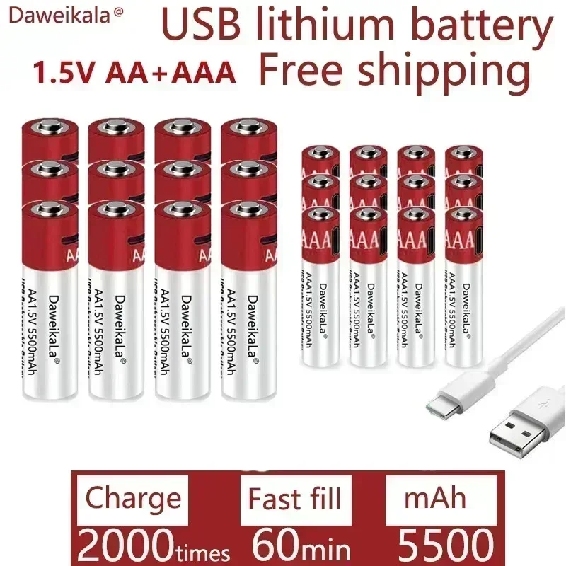 AA + AAA 2024 Nová veľká kapacita 5500 mAh Nabíjateľná lítium -iónová batéria AA 1,5 V USB Rýchle nabíjanie lítium -iónovej batérie
