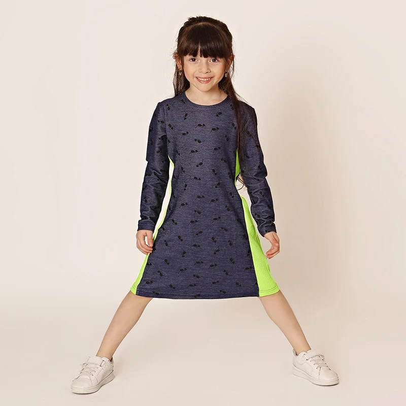 AA-Girl Dress Family Set Letné krátke a dlhé rukávy šaty modrá džínsová bavlna/rebrovaná dievčenské oblečenie boky neónové šaty