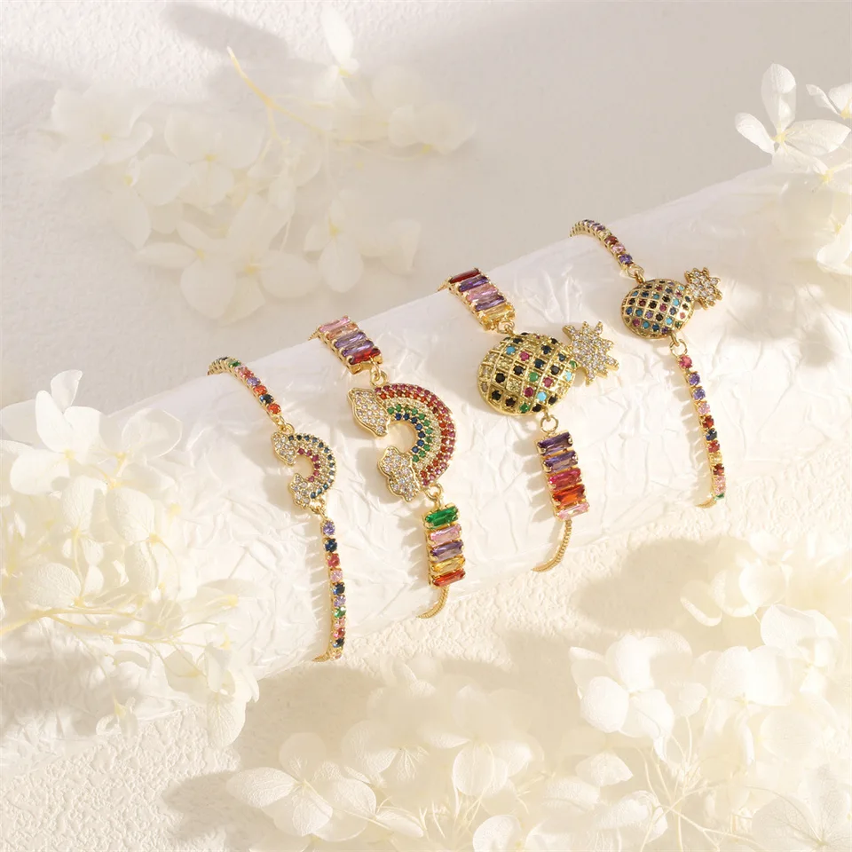 AAA Multicolor Cubic Zirconia Crystal Rainbow Ananás kúzlo náramok 2024 Nové módne letné ovocie nastaviteľné šperky HE