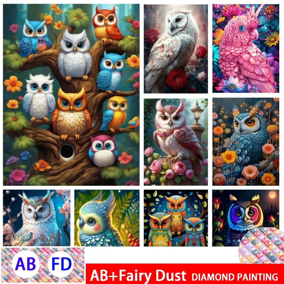 AB Fairy Dust DIY 5D Diamond Painting Art Art Owl Full Round/ Square Diamond Výšivka Cartoon Animal Stitch Set Home Decoration