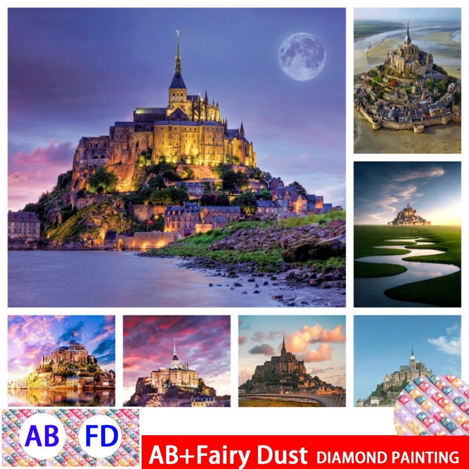 AB Fairy Dust DIY 5D Francúzsko Mont Saint Michel AB Picture Diamond Art Normality Sceery Square Cross Ruka na dekoráciu House