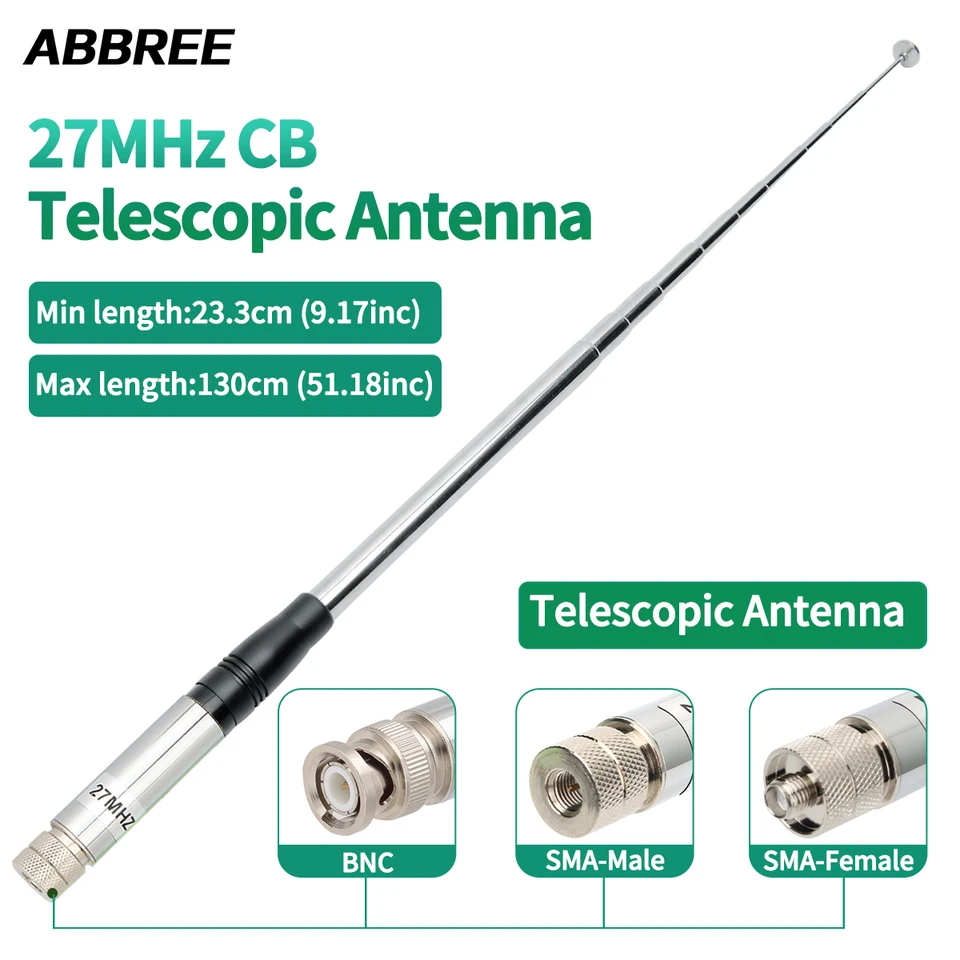 Abbree 27MHz SMA-FEMALE/SMA-MALE/BNC 20W RUCKELIKOVÉ TELESKOPIC CB Anténa pre Quansheng UV-K5 Baofeng UV-K61 Walkie Talkie
