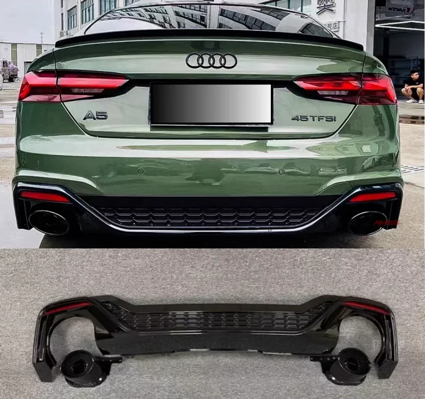 ABS Black zadný nárazník difúzora a špičky výfukových plynov pre kufríky Dverové pery SPOILER pre Audi A5 S5 SLINE 2020 2021 2022 2023 Inovácia RS5