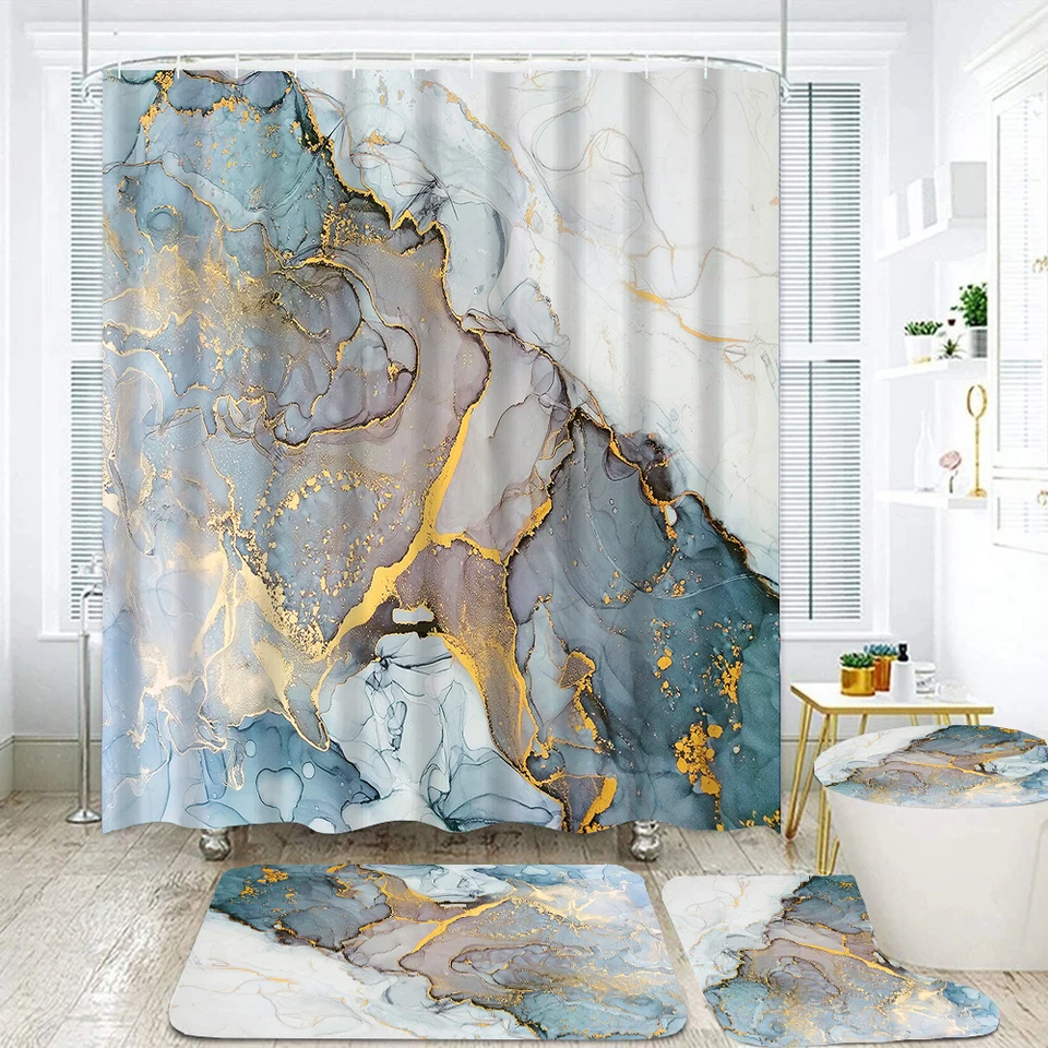 Abstrakt Art Gold Crack Mramor sprchová záclona Polyester Kúpeľňa Curtains Set Koberce na kúpeľ