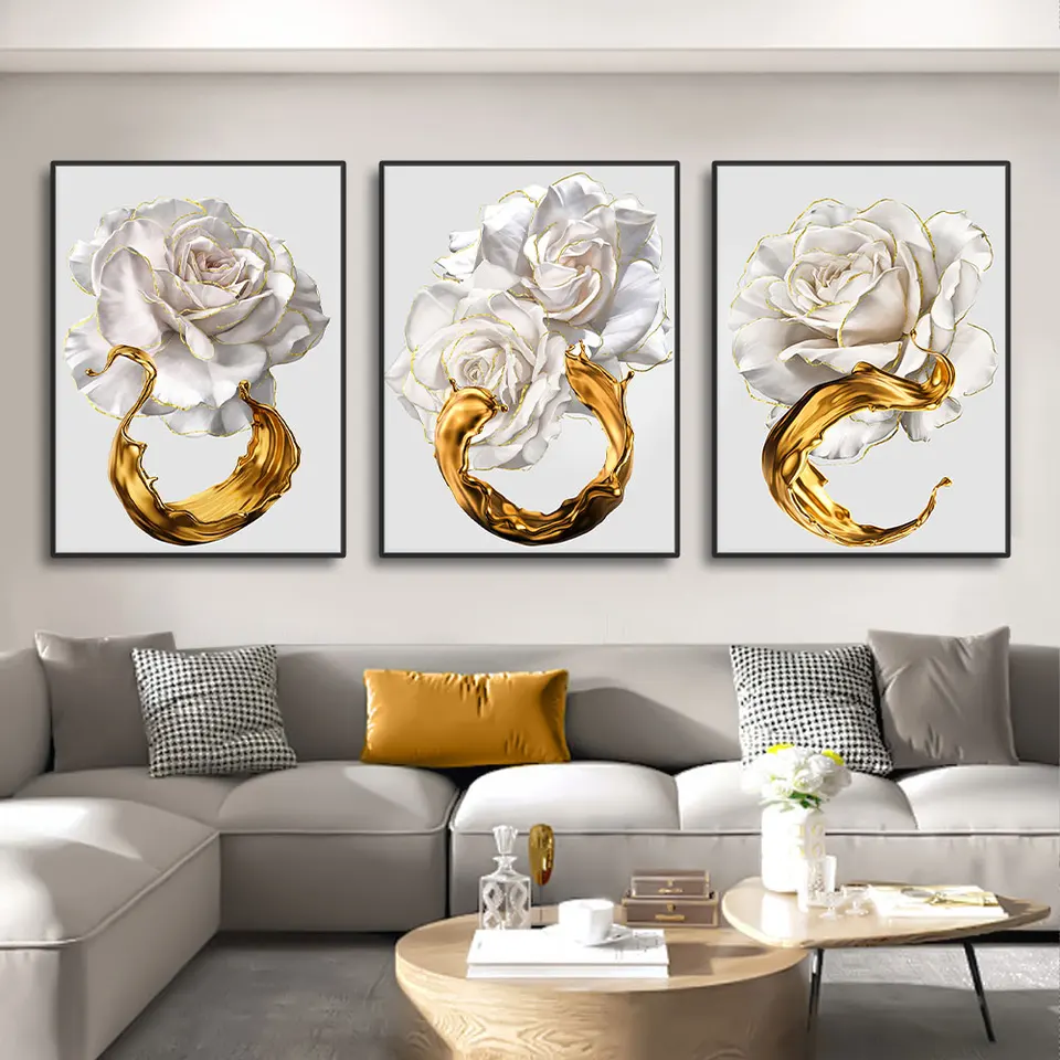 Abstrakt bieleho ružového kvetinového plagátu Výtlačky Obrázok zlatý atrament Splash Wall Art Canvas maľba pre modernú obývaciu izbu dekorácia