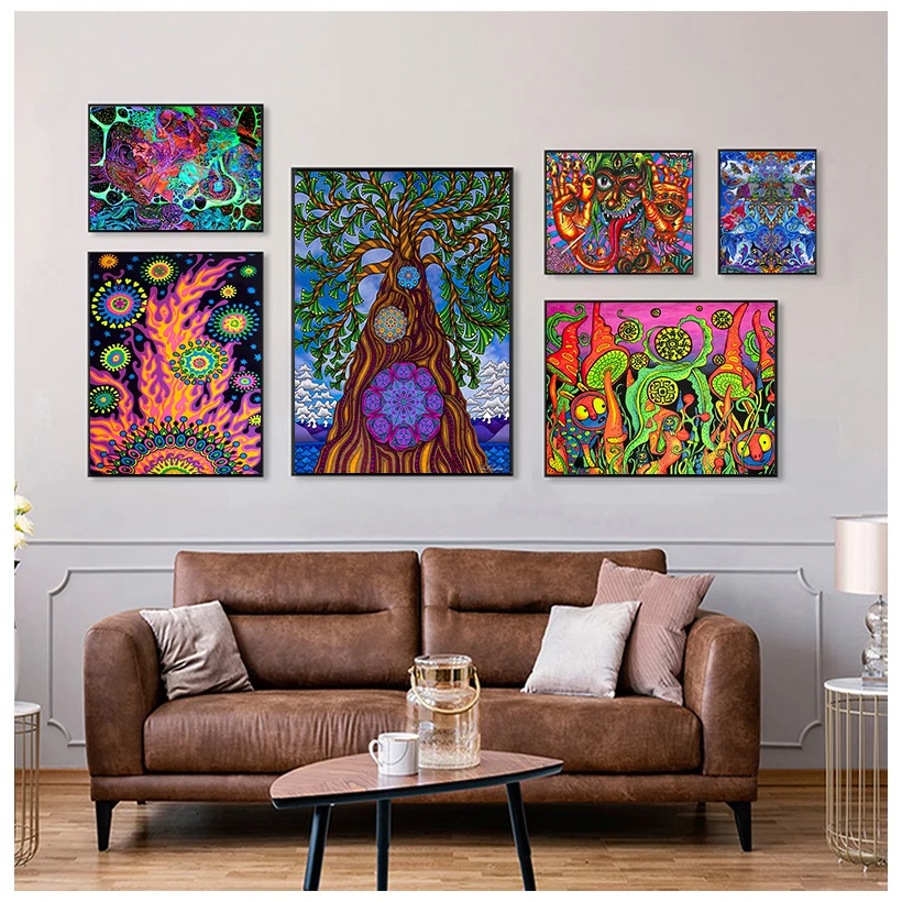 Abstrakt Blacklight maľby Art Psychedelic Trippy Plagát výtlačky nástenné plátno Obrázky pre obývaciu izbu Domovod